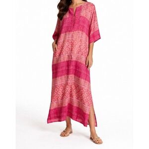 OSCAR DE LA RENTA Pink Printed Maxi Kaftan Dress Luxe Designer Resortwear-Size S
